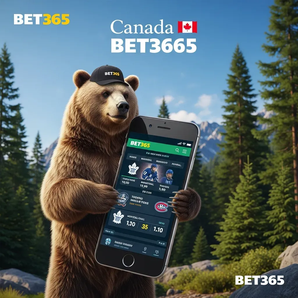 canada bet365 Canadian bear in hat holds phone with BET365 betting app