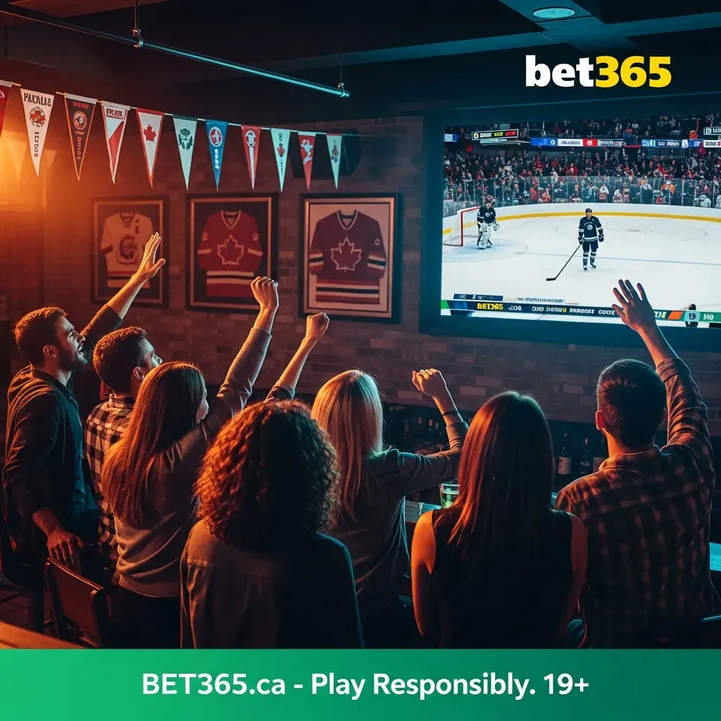 canada bet365 Friends cheering loudly watching ice hockey on a large screen